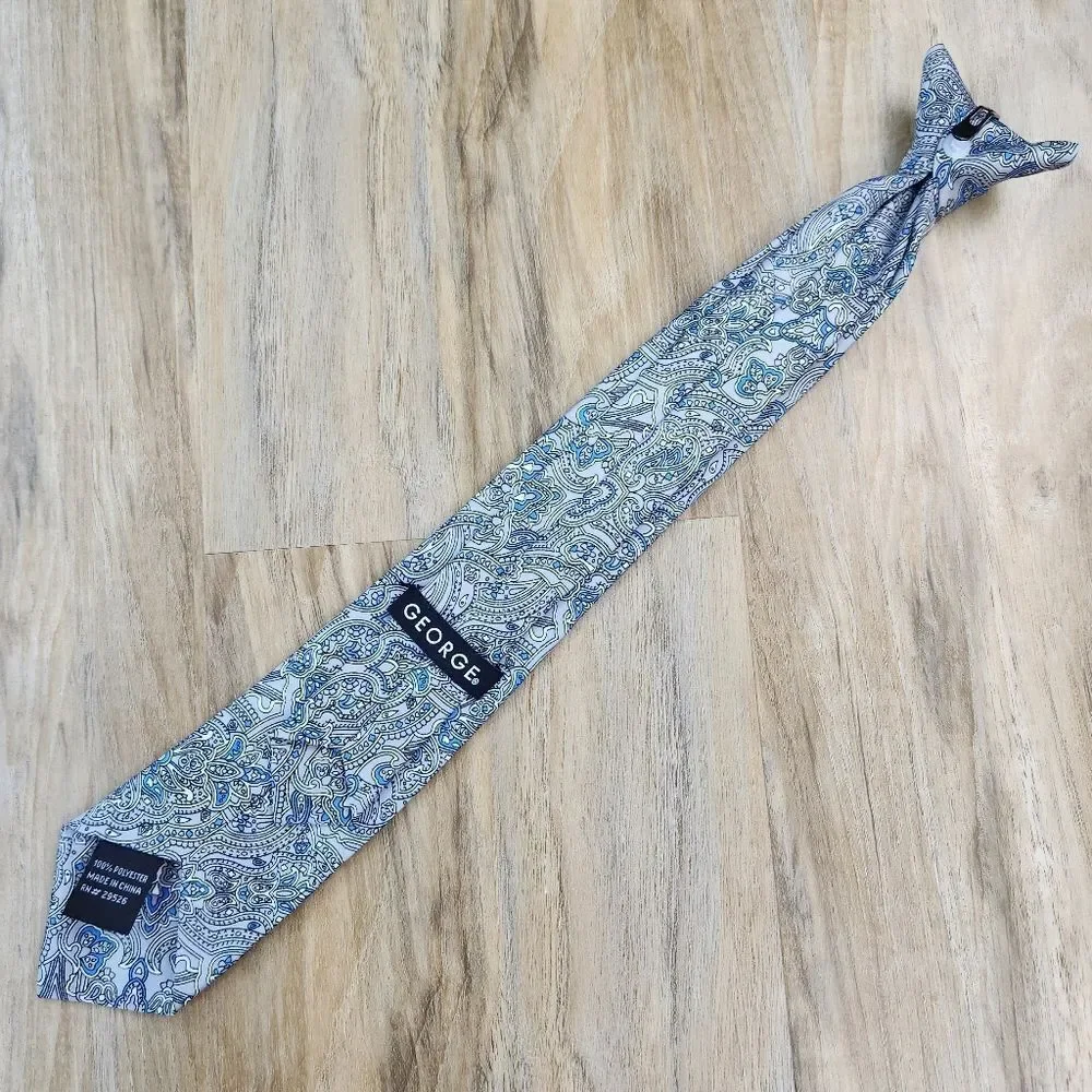 💜Gray & Blue Paisley Pre-Tied Clip-on Tie Youth XLarge